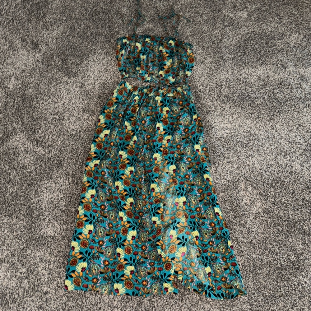 Natural Life strappy top smocked midi skirt Carmen blue floral set outfit NWT